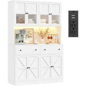 Farmhouse Kitchen 71" Pantry Cabinet with LED Light Charging Station