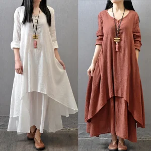 Women Cotton Linen Chic Maxi Dresses Elegant Bohemia Layered Vintage