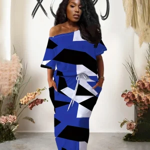 Two Piece Plus Size Summer Dress Inclined Shoulder Elastic Waist Casual Suit Set